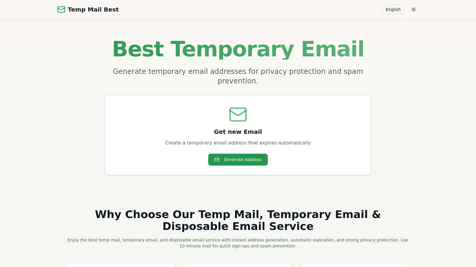 Temp Mail Best application interface and features