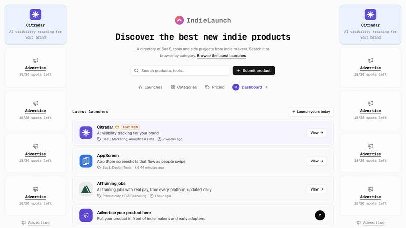 IndieLaunch application interface and features