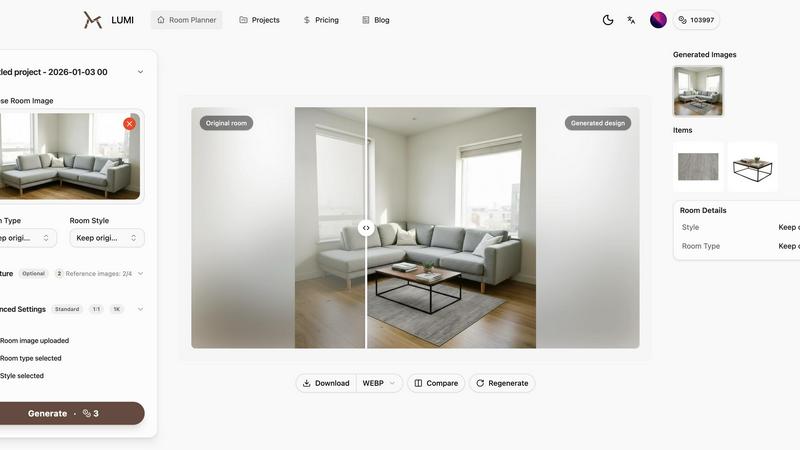 LUMI room planner application interface and features