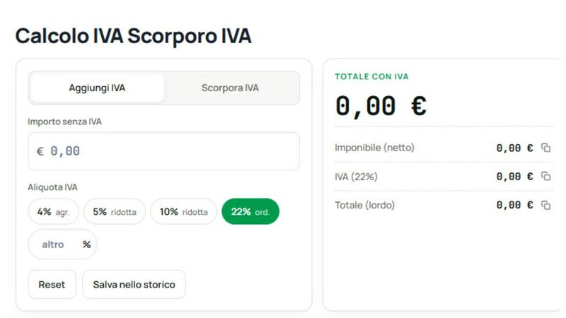 the calcolo iva application interface and features