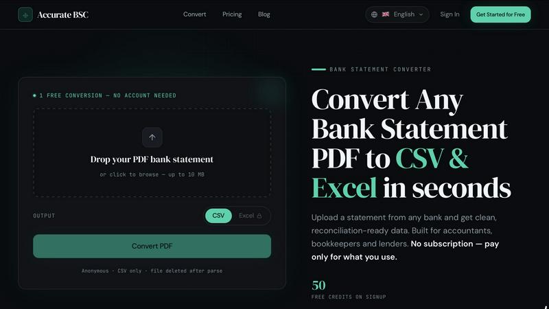 Accurate Bank Statement Converter application interface and features