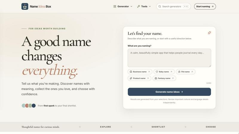 Name Idea Box application interface and features