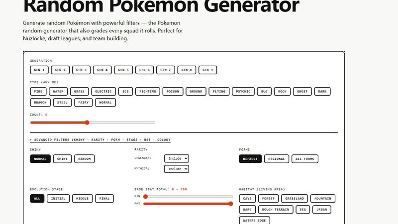 Random Pokemon Generator application interface and features
